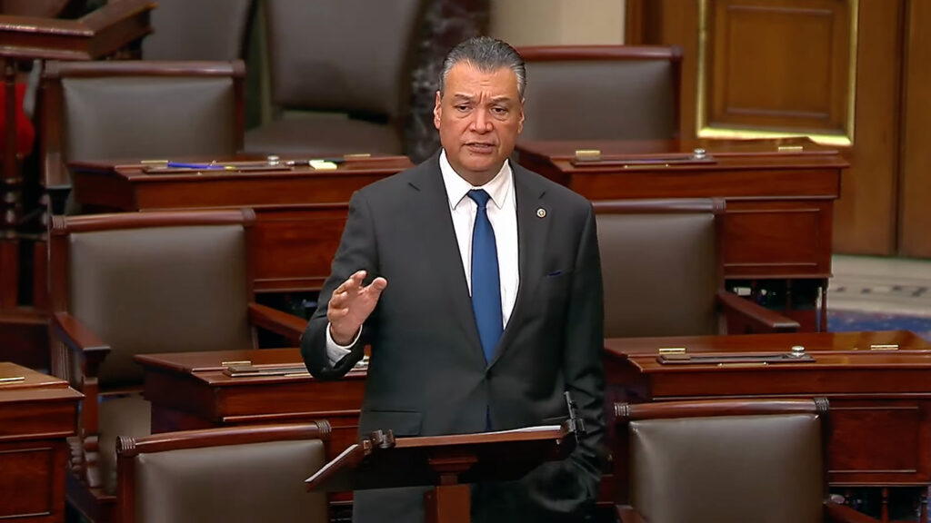 Sen. Alex Padilla (D-Calif.) told his Republican colleagues late Wednesday night why his state’s unique geography and climate create particularly hazardous air-quality problems. Credit: U.S. Senate floor webcast